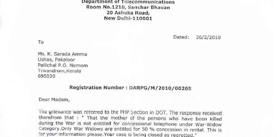 K.Sharda not provided concessional telephone connection in War Widows category