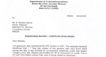 K.Sharda not provided concessional telephone connection in War Widows category